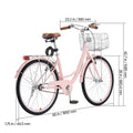 KFFKFF 26" Cruiser Bike, Single Speed, Rosé - Colored Seaside Cycling Bike with Spacious Basket and Back Stand, Reliable & Robust Leisure Bicycle with Modifiable Saddle