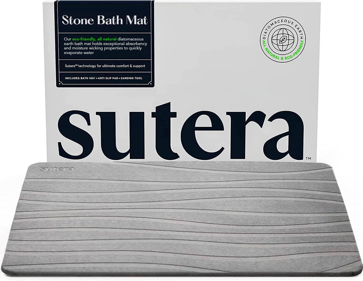 Sutera Stone Bath Mat, Diatomaceous Earth Shower Mat, Non-Slip Super Absorbent Quick Drying Bathroom Floor Mat (23.5 x 15 Gray)