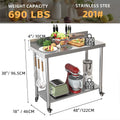 AECOJOY Stainless Steel Table with Backsplash 48"x18" Prep Tables for Commercial Kitchen