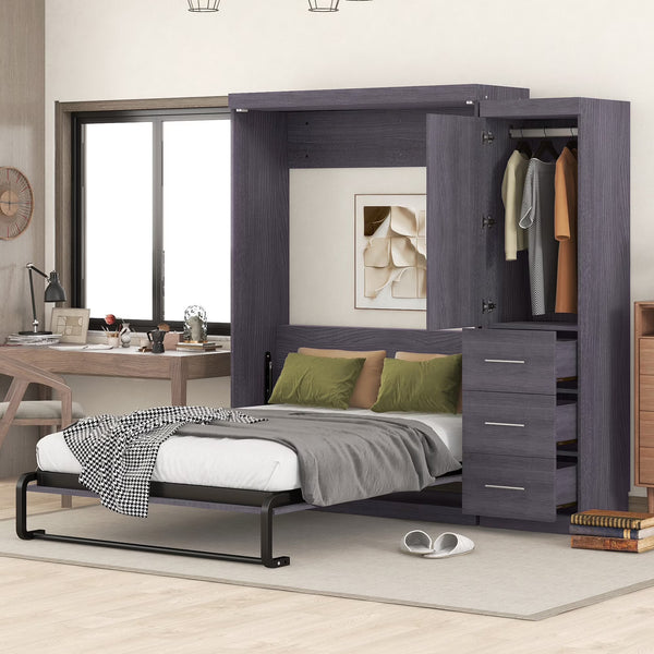 Euroco Wood Full Size Murphy Wall Bed with Wardrobe and Drawers for Living Room, Moveable Wardrobe and Drawers, Space - Saving & Easy Open and Close for Kids Teens Adults, Gray