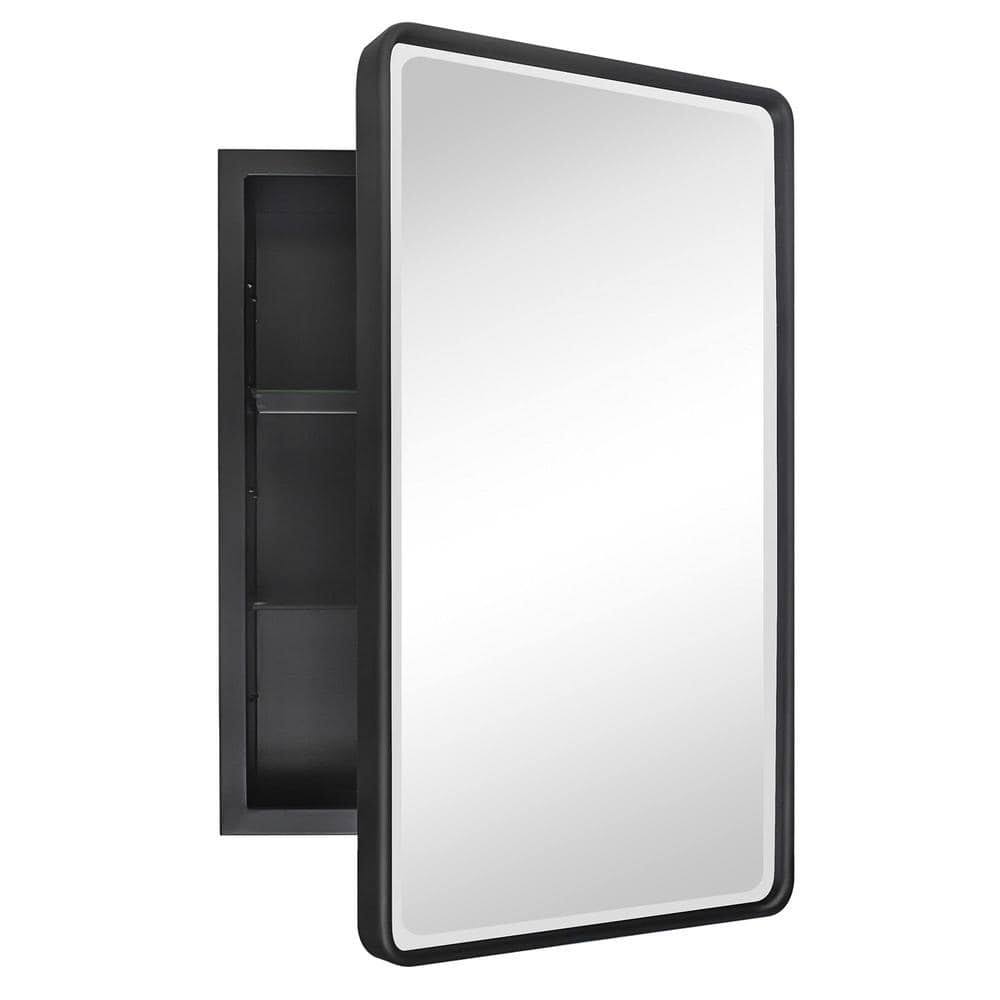 TEHOME Farmhouse 16 in. W x 24 in. H Recessed Rectangular Metal Framed Bathroom Medicine Cabinets with Mirror in Matt Black