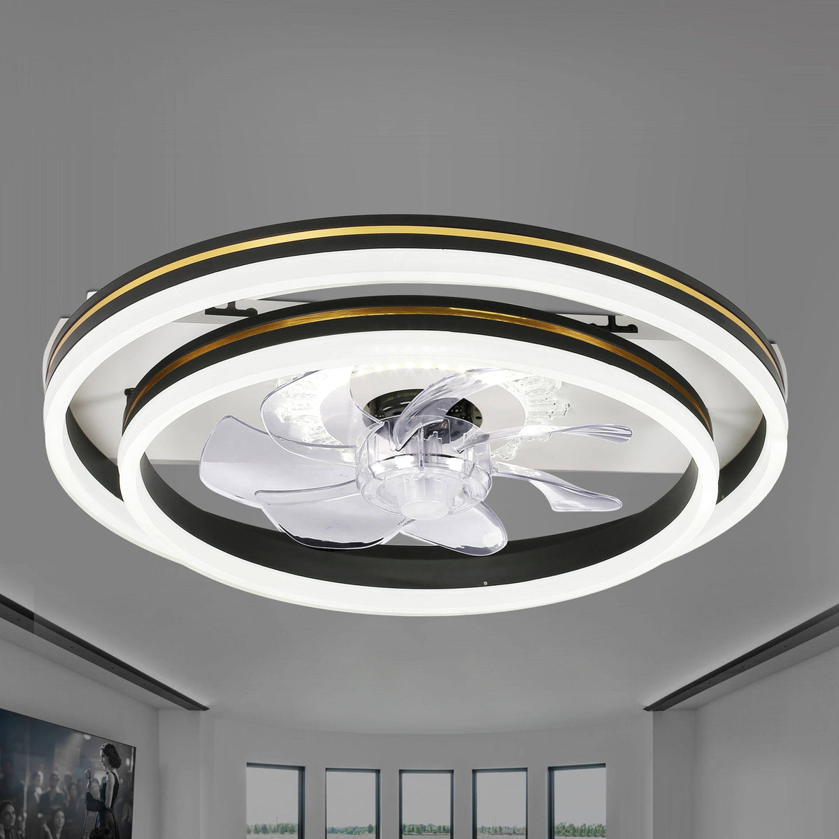 Flero 20 - in Black Color - Changing Integrated LED Indoor Flush Mount Ceiling Fan with Light and Remote (7 - Blade)