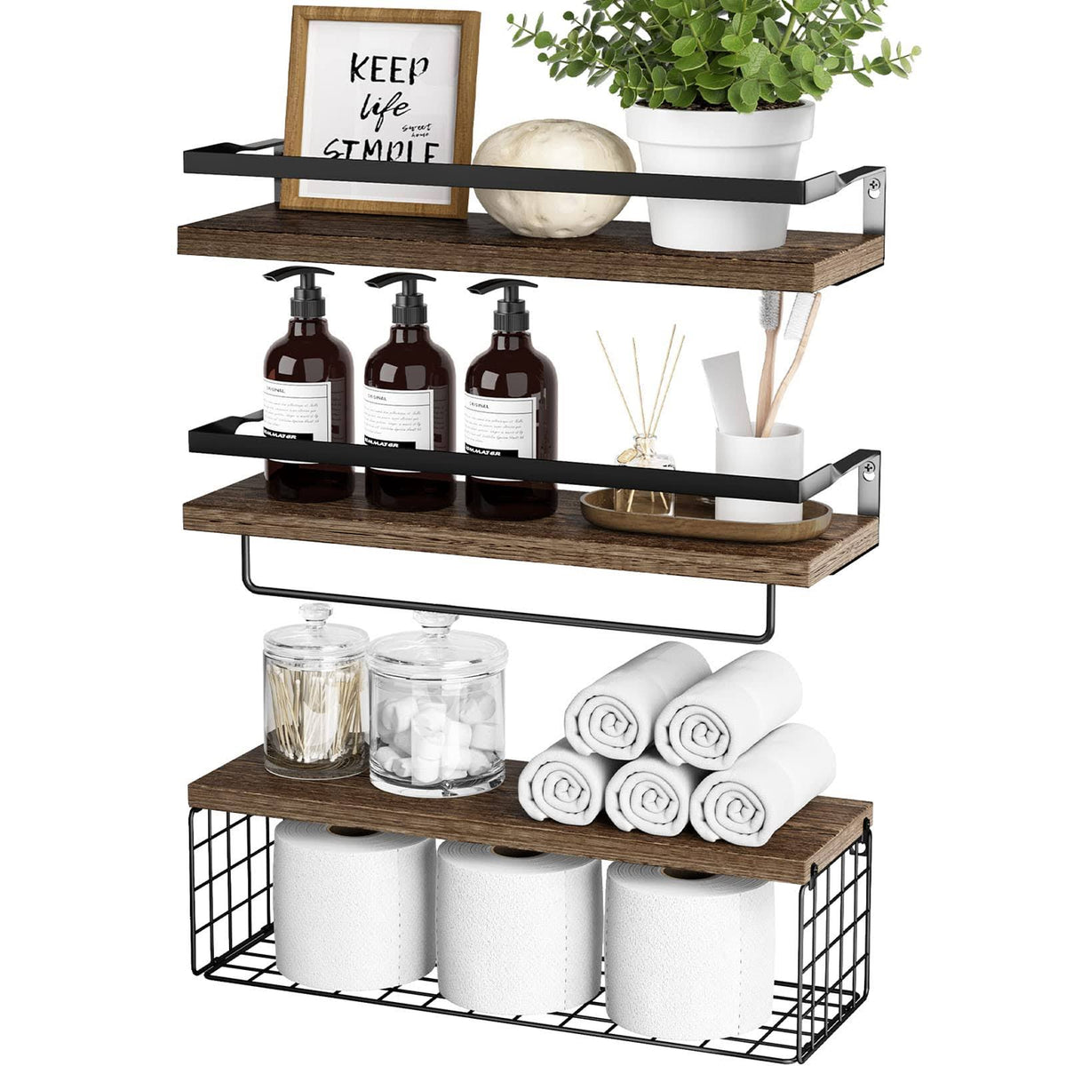 RYOFOBETTO Bathroom Shelves, Floating Shelves with Storage Basket, Over Toilet Paper Holder Storage Shelves, Wall Mounted Rustic Wood Shelves for