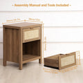 Surmoby Rattan Nightstand Set of 2, Farmhouse Bedside Tables with Drawer and Storage Shelf, Natural Boho End Table Side Table for Bedroom, Living Room