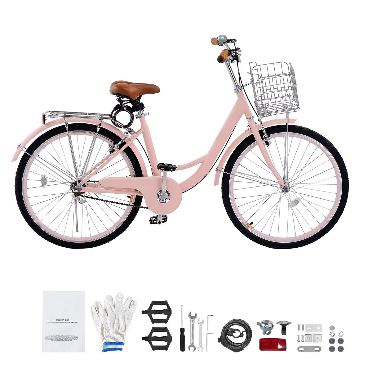 KFFKFF 26" Cruiser Bike, Single Speed, Rosé - Colored Seaside Cycling Bike with Spacious Basket and Back Stand, Reliable & Robust Leisure Bicycle with Modifiable Saddle