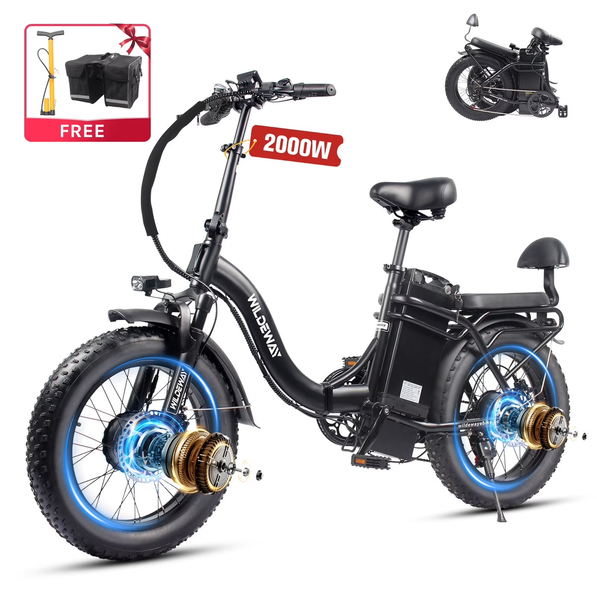 Wildeway Folding Dual Motors 2000W Mountain Bike for Adult, UL2849 48V 32AH Removable Battery Ebike 20x4"fat Tire up to 28MPH&100 Miles Long Range Off Road Dual Hydraulic Disc Brake Electric Bicycle