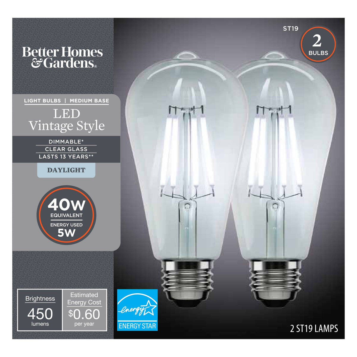 Better Homes & Gardens LED Vintage Style Light Bulb, ST19 40 Watts Daylight Classic Filament, Medium Base, Dimmable - 2 Pk 41547