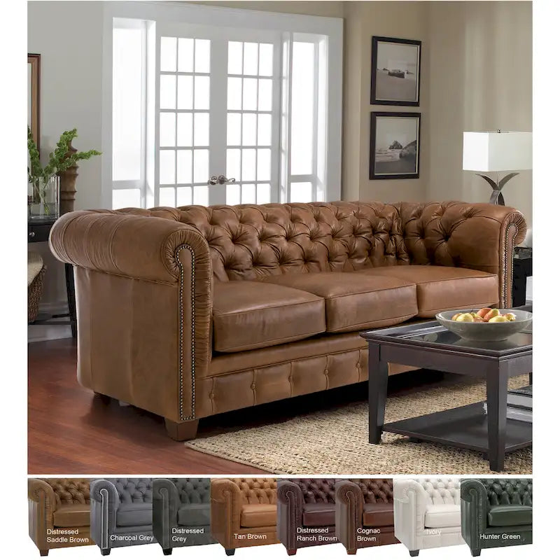 Hancock Tufted Top Grain Italian Leather Chesterfield Sofa - Dimensions: 31" H x 86" W x 40" D