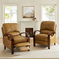 Set of 2 Alex Mid - Century Modern Genuine Leather Manual Recliners with Curved Wooden Arms