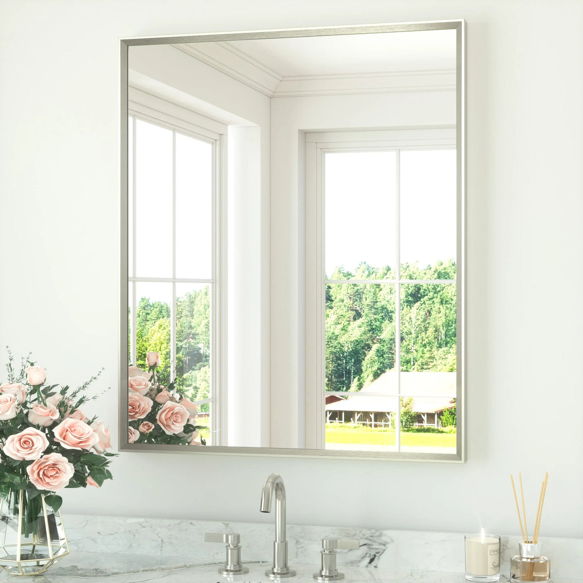 30 x 36 Inch Brushed Nickel Rectangle Beveled Framed Bathroom Vanity Mirror