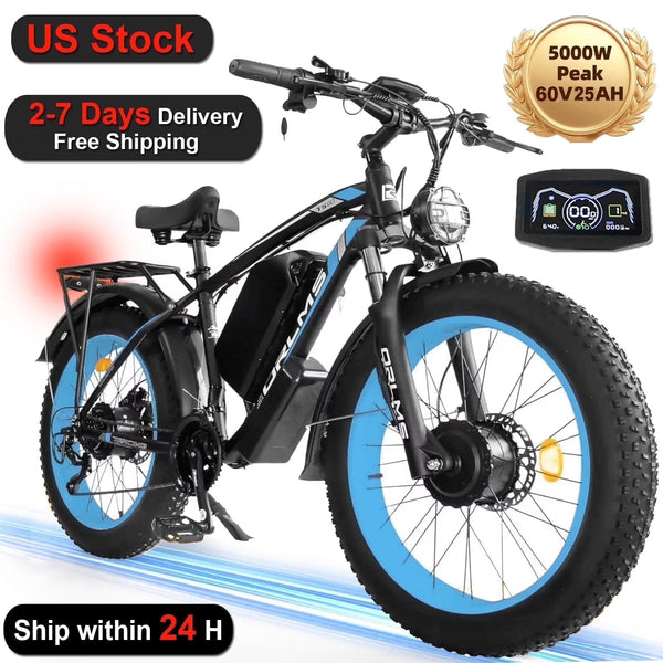 (US in Stock) 5000W Peak Dual Motor Electric Bike for Adults, 60V 25AH Removable Battery Ebike, 50MPH AWD 21 - Speed Mountain Snow E - Bike with 26" x 4.0 Fat Tire, Long Range Mountain Off - Road Ebikes
