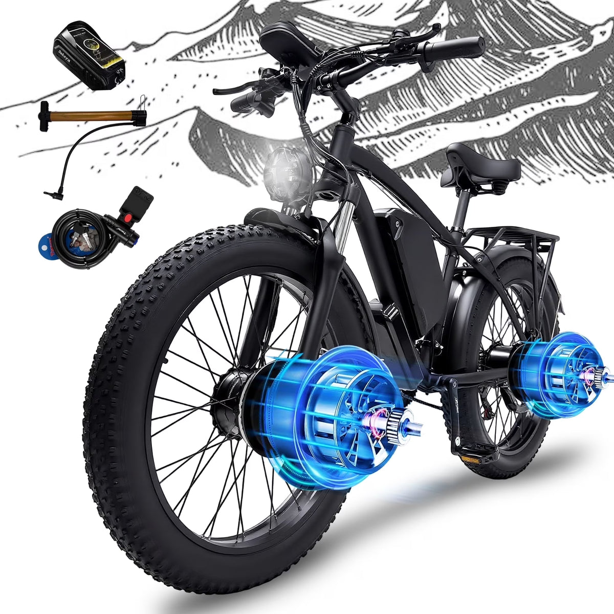 Electric Fat Tire Bike for Adults, 6000W Dual Motor Ebike, Max 50MPH 26"x4.0 Off - Road Mountain Electric Bicycle, 60V 25AH, UL2849