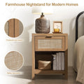 Surmoby Rattan Nightstand Set of 2, Farmhouse Bedside Tables with Drawer and Storage Shelf, Natural Boho End Table Side Table for Bedroom, Living Room