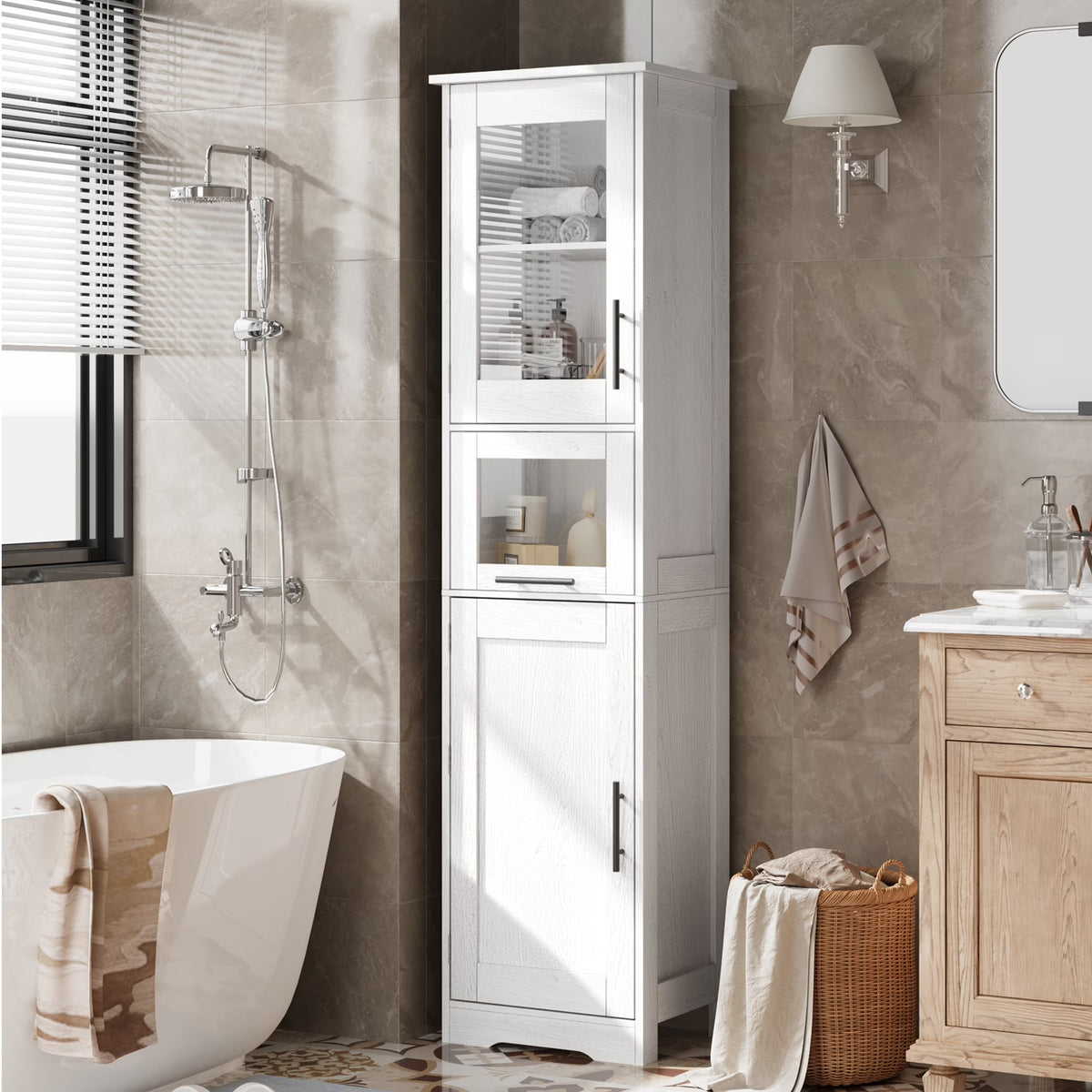 Bathroom Cabinet, Tall Storage Cabinet with Doors and Adjustable Shelf, Freestanding Floor Pantry Cabinet