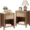 Surmoby Rattan Nightstand Set of 2, Farmhouse Bedside Tables with Drawer and Storage Shelf, Natural Boho End Table Side Table for Bedroom, Living Room