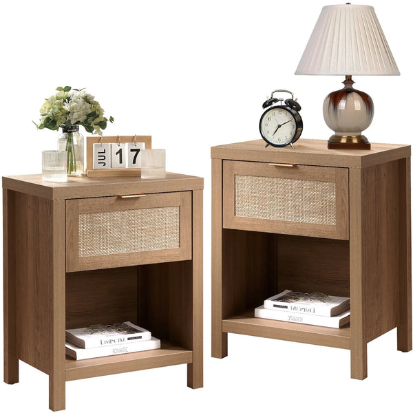 Surmoby Rattan Nightstand Set of 2, Farmhouse Bedside Tables with Drawer and Storage Shelf, Natural Boho End Table Side Table for Bedroom, Living Room