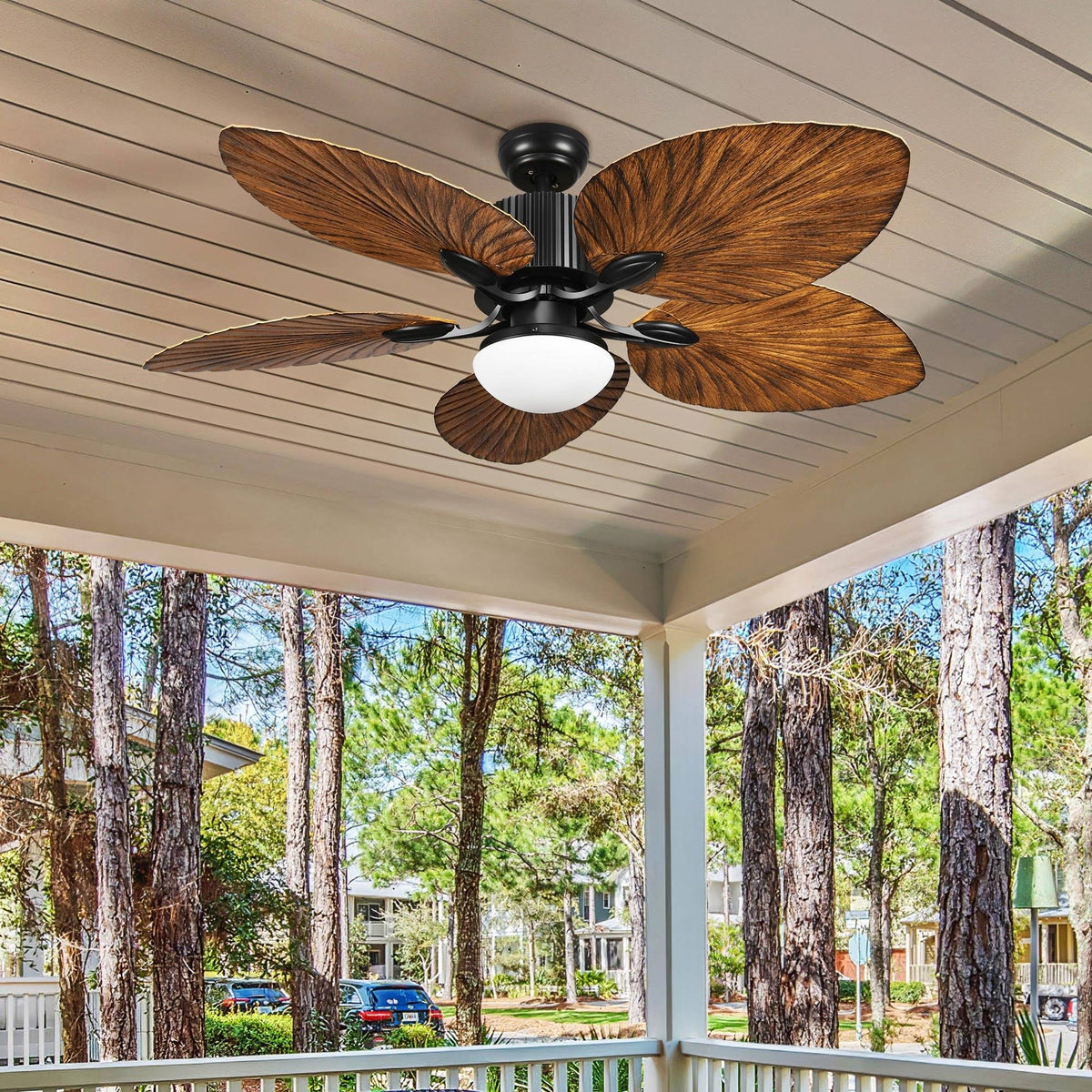 Wedealfu Inc 52 inch Moasis Palm Leaf Ceiling Fan LED Light Tropical Style with Remote Brown Blades