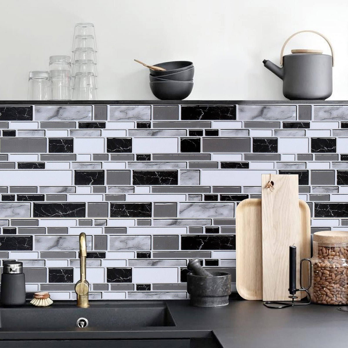 Livebor Black and White Peel and Stick Backsplash Kitchen Wallpaper 118inch x 1181inch Bathroom Wallpaper Kitchen Backsplash Waterproof Contact Paper